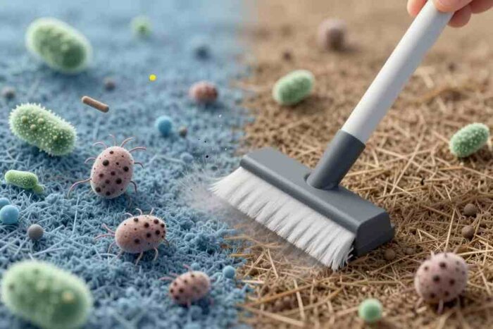 Microbial cleaning on carpet with brush, removing bacteria and germs effectively.