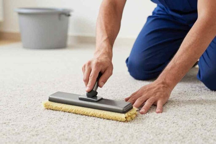 Professional carpet cleaner using a scrubber on a beige carpet in Lake Geneva.
