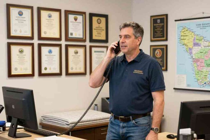 Professional carpet cleaner in Lake Geneva on phone, certifications on wall.