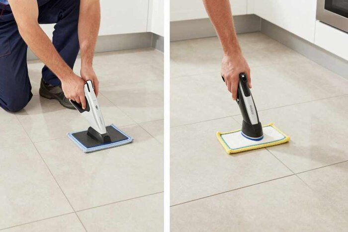 Professional carpet cleaning with steam cleaning tools in Lake Geneva home.