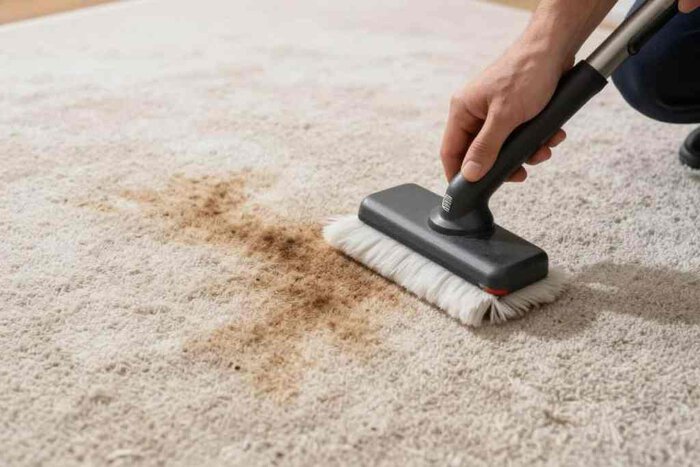 Handheld carpet cleaner removing stain from beige carpet in Lake Geneva home.