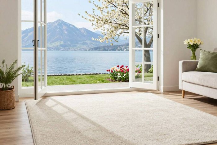 Professional carpet cleaning service in Lake Geneva with scenic lake and mountain views.