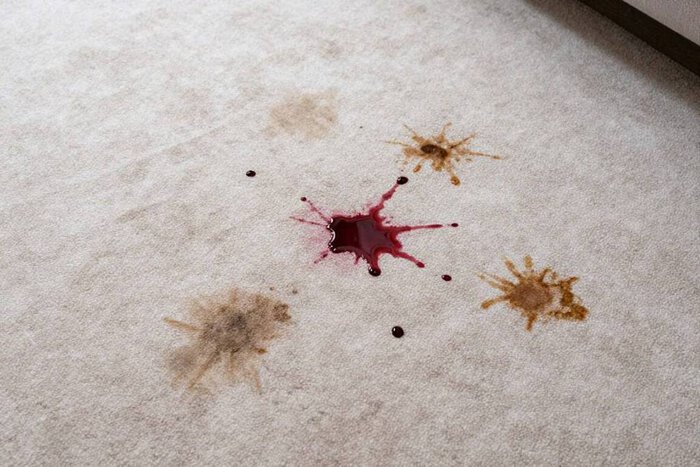 Blood and coffee stains on beige carpet in Lake Geneva home.