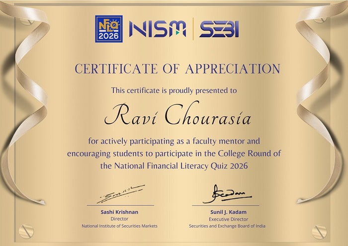Ravi Chourasia Faculty Mentor Certificate of Appreciation