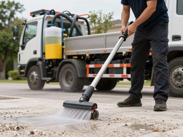 Technician cleaning outdoor concrete surface with power scrubber in Lake Geneva area.