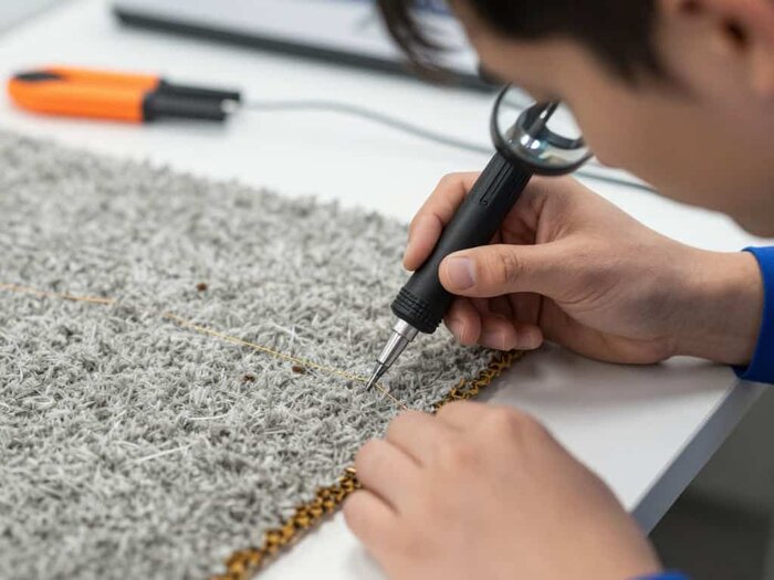 Technician using a tool to deep clean a gray carpet in Lake Geneva WI.