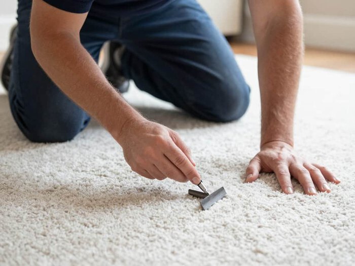 Man cleaning plush carpet with a carpet scraper in Lake Geneva home.
