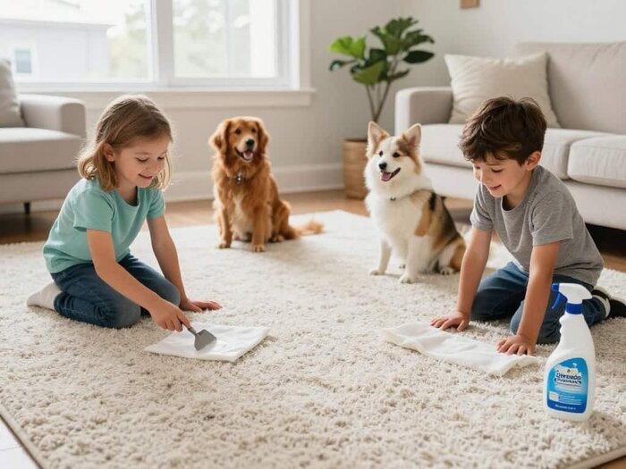Kids and dogs cleaning a plush carpet in a bright living room, showcasing professional carpet cleani.