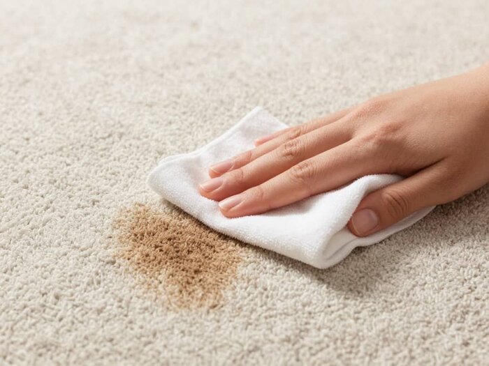 Hand cleaning a carpet stain with a white cloth in Lake Geneva.