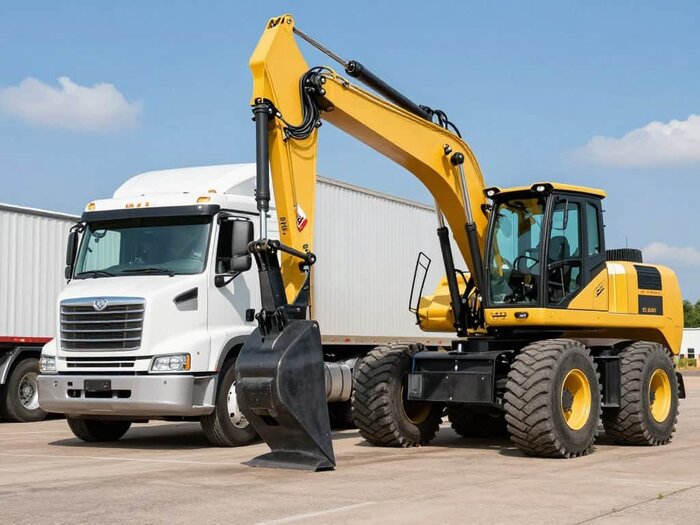 Excavator and truck parked outdoors, ready for heavy lifting and transportation tasks.