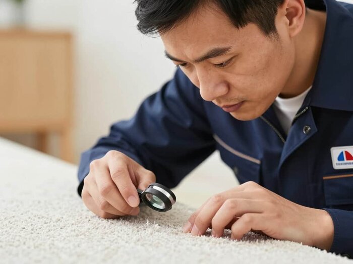 Man inspecting carpet with magnifying glass to identify stains or damage.