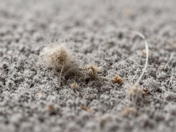 Dust and debris on dirty carpet fibers.
