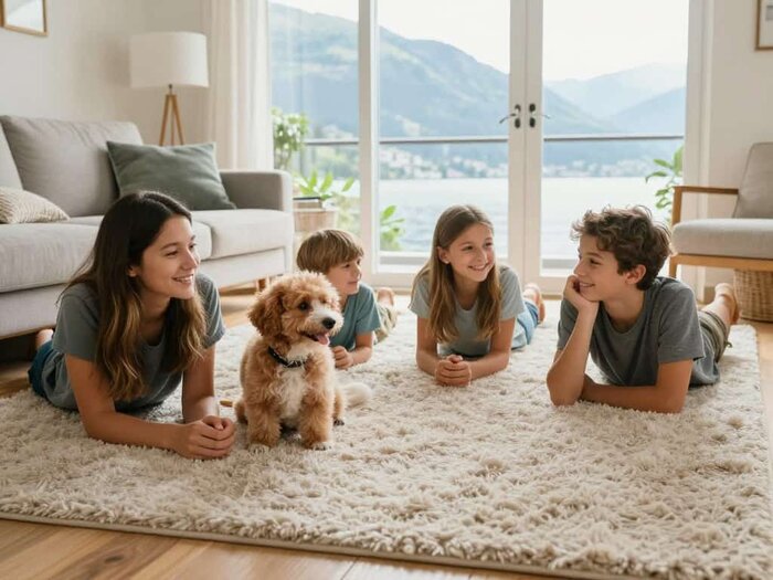 Family and dog relaxing on clean, allergy-reducing carpet in Lake Geneva home.