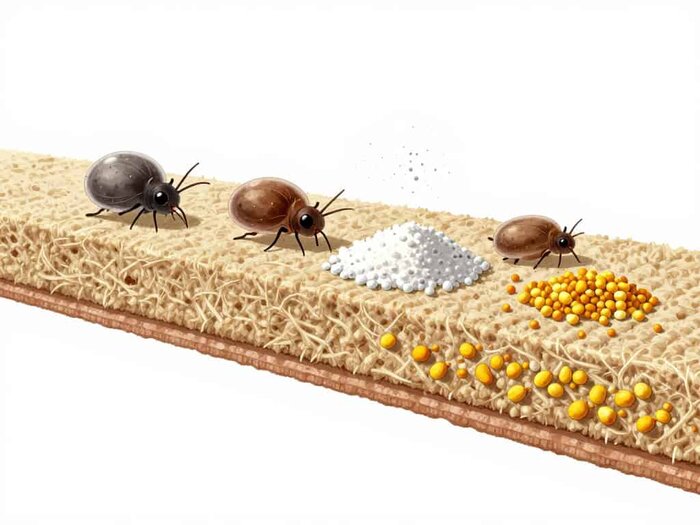 Dust mite allergens on carpet fibers, causing allergy symptoms.