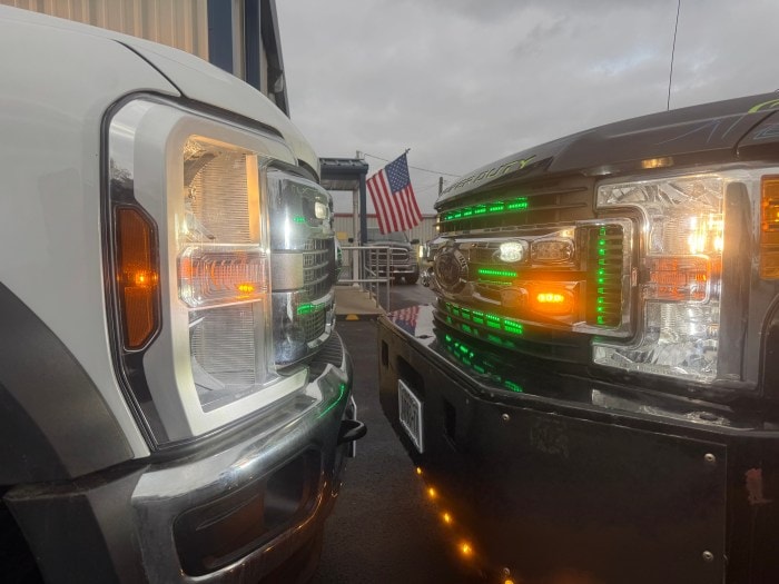 RCS tow truck with its work lights on