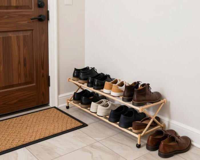 Shoes on a wooden shoe rack near a clean, tiled entryway.