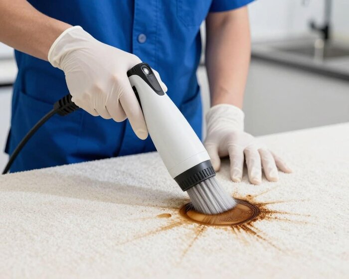 Professional carpet cleaning with steam cleaner removing stain from carpet.