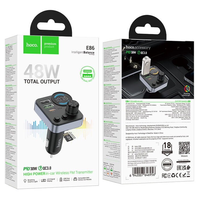 ⁦E86 Alegria - משדר FM לרכב 48W + BT + PD30W + QC3.0⁩ – תמונה ⁦1⁩