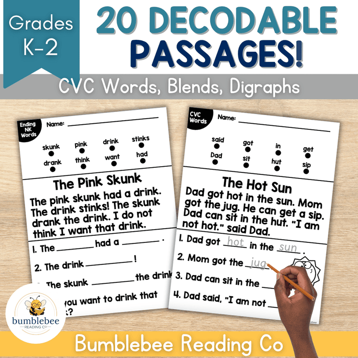 20 TRUE Decodable (NO PREP) Passages - CVC Words, Blends, Digraphs