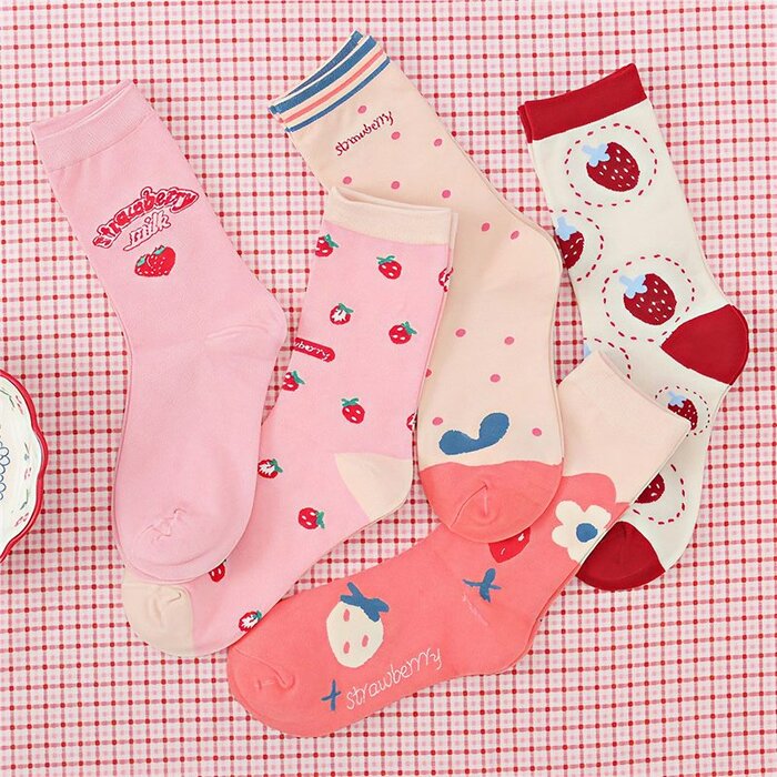 Women’s Pink Strawberry Socks – Mid-Calf Cotton Cartoon Socks 4141 Women’s Pink Strawberry Socks – Mid-Calf Cotton Cartoon Socks (5 Pairs Pack) - Image 1