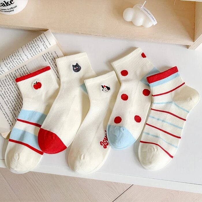 Women’s Thin Cotton Socks – Cute Cartoon Kitten Embroidery, Red & Blue Striped Mid-Calf Socks 53 Women’s Thin Cotton Socks – Cute Cartoon Kitten Embroidery, Red & Blue Striped Mid-Calf Socks - Image 1