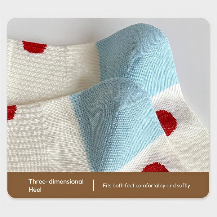Women’s Thin Cotton Socks – Cute Cartoon Kitten Embroidery, Red & Blue Striped Mid-Calf Socks - Image 3