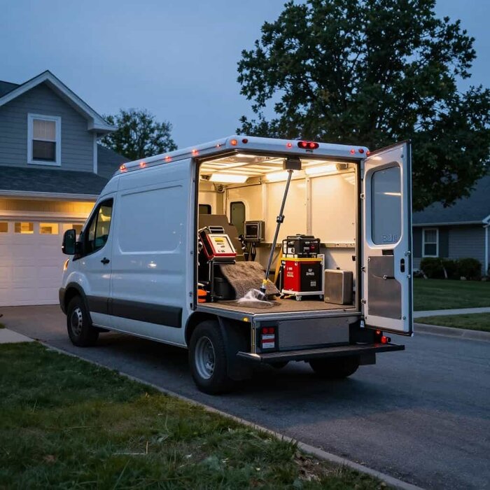 Professional carpet cleaning van with equipment in a residential neighborhood.