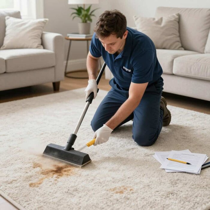 Professional carpet cleaner removing stains from living room carpet in Lake Geneva.