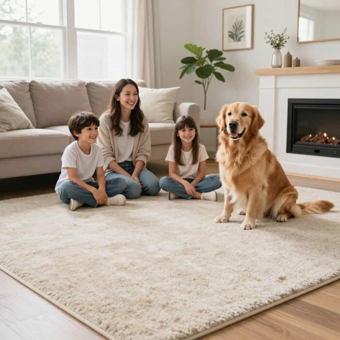 Family enjoying clean carpet with their dog in a cozy living room setting.