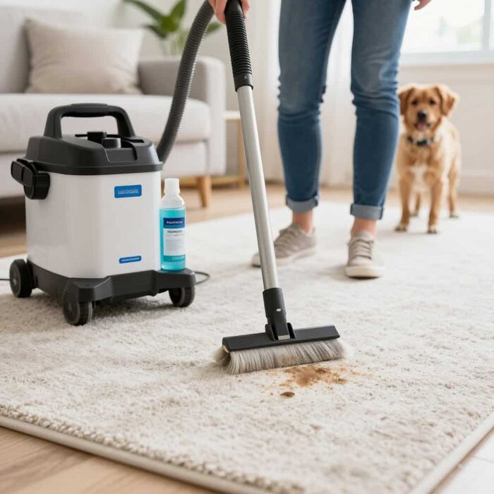 Professional carpet cleaning with vacuum and stain removal in Lake Geneva.
