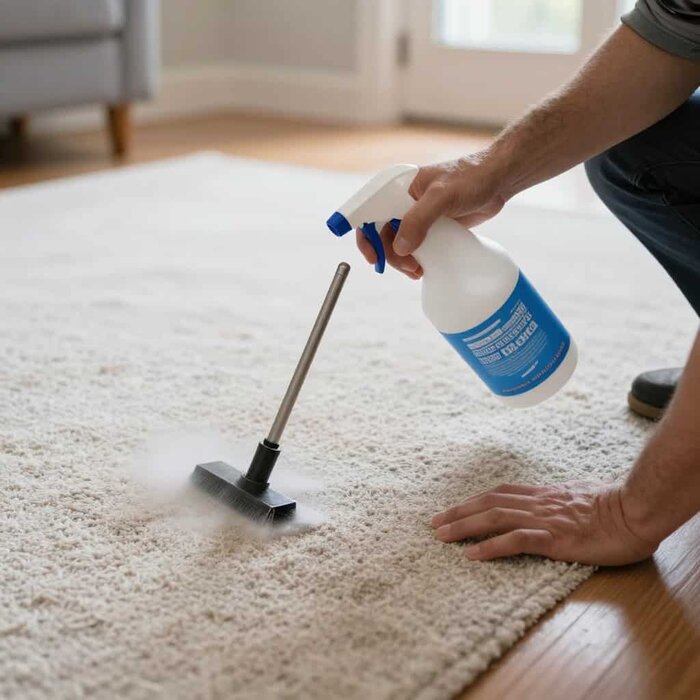 Professional carpet cleaning with spray bottle on plush area rug in Lake Geneva WI.