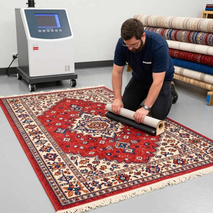 Professional carpet cleaner in Lake Geneva applying cleaning treatment on a red patterned rug.