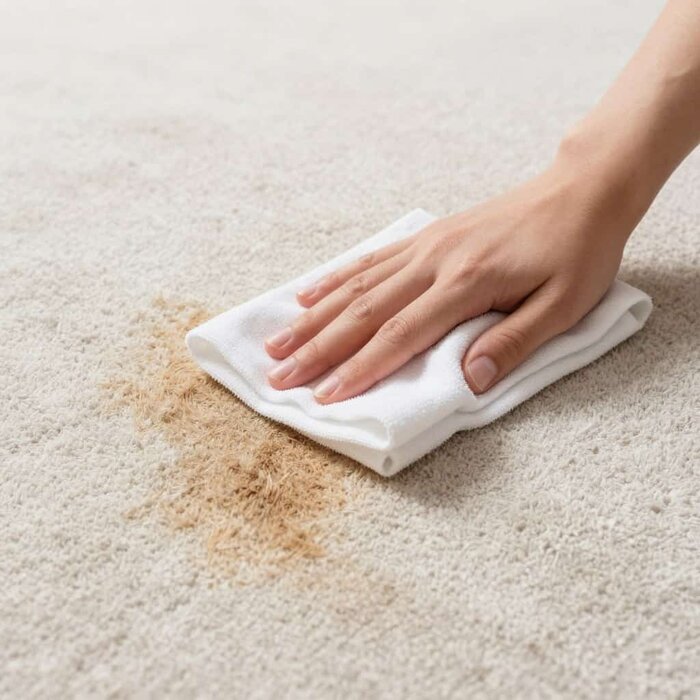 Hand cleaning a carpet stain with a cloth, professional carpet cleaning service in Lake Geneva.
