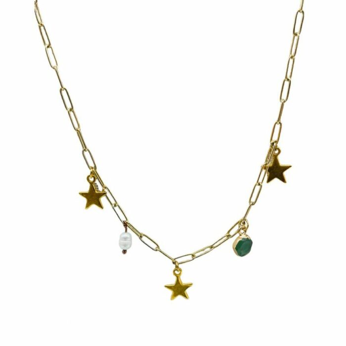 Goldene Kette Spirit mit Stern-Anhängern, Süßwasserperle und grünem Naturstein, handgemacht von LIUSH Berlin