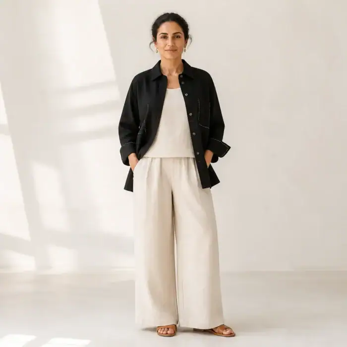 Woman in a black linen shirt-jacket with kantha-stitched cuffs over cream linen trousers