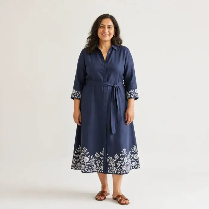 Woman in an indigo linen shirt dress with a block-printed hem