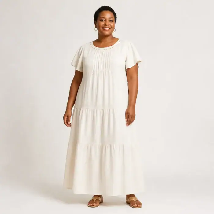 Woman in an ivory tiered linen maxi dress with a pintucked yoke
