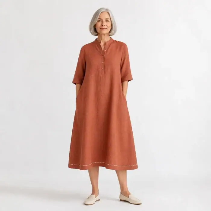 Woman in a terracotta linen A-line midi dress with a kantha-stitched hem
