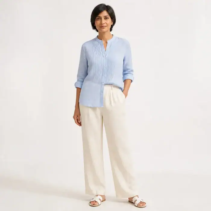 Woman in a powder blue pintucked linen shirt and ecru trousers