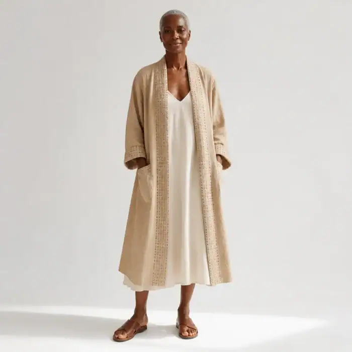 Woman in a longline sand linen kimono with kantha-stitched edges
