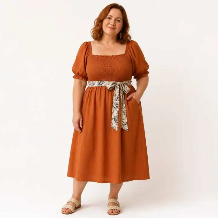 Woman in a rust linen smocked midi dress with a block-printed tie belt