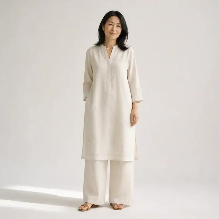 Woman in an ivory linen tunic and wide-leg trousers co-ord with tonal embroidery