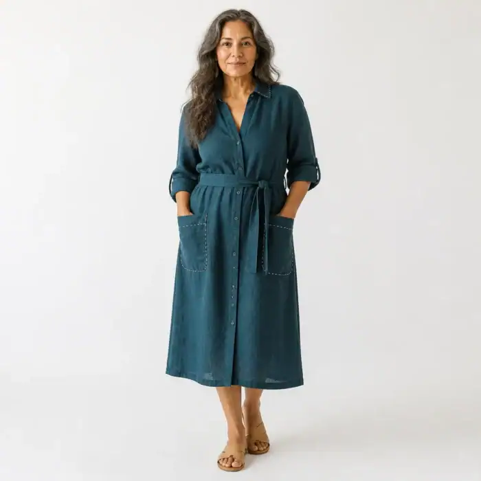 Woman in a deep teal linen belted shirt dress with kantha-stitched pockets