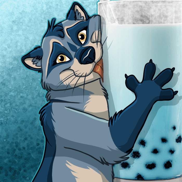 A blue raccoon clinging onto a boba tea.