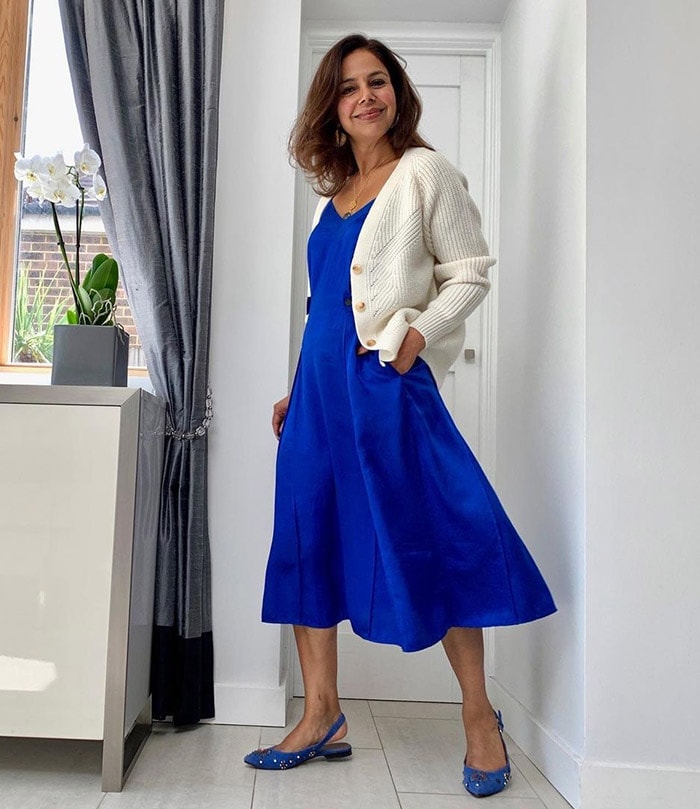 New Year's Eve outfits - Anita in a flared blue dress | 40plusstyle.com