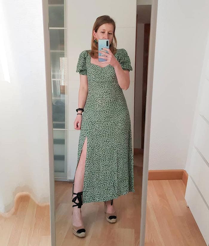 green midi dress with white daisies | 40plusstyle.com