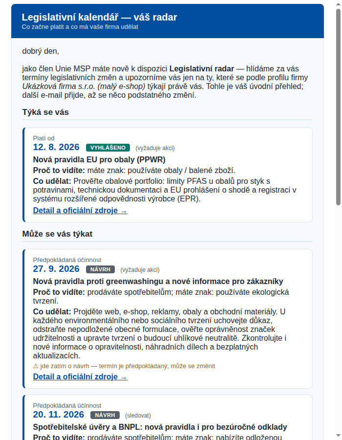Ukázka osobního přehledu Legislativního radaru — e-mail s termíny relevantními pro konkrétní firmu
