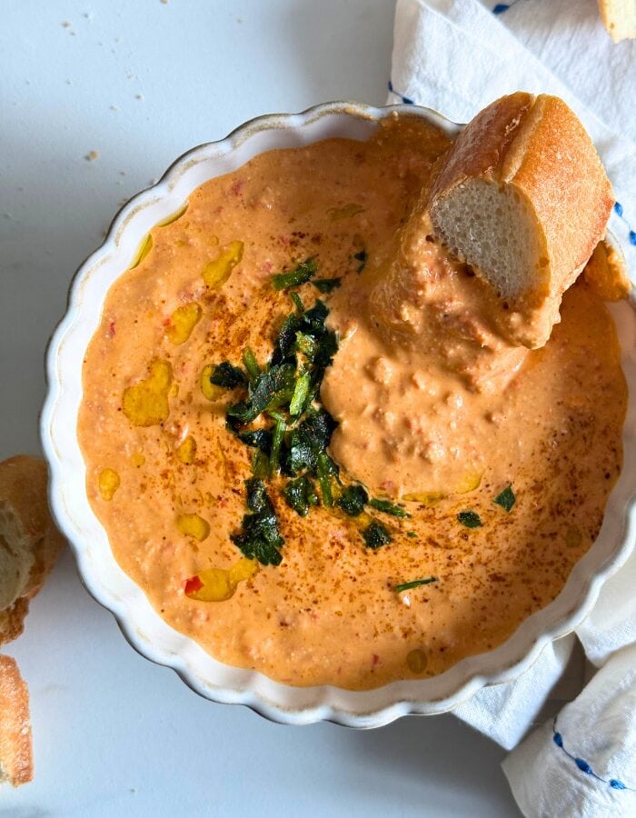 Feta Paprika Dip - Easy & Quick Dip Recipe 2 from top, bowl of paprika dip in a bowl with bread and towel around