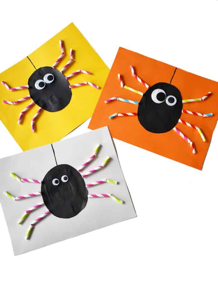 spider craft made using paint and paper straws on colorful backgrounds