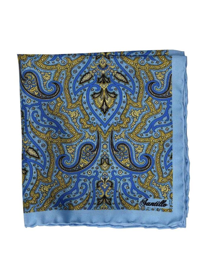 PORTOFINO turquoise/yellow/black paisley printed pocket square